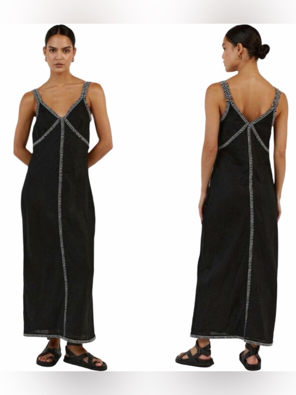Black Linen Slip Dress w/Contrast Stitching